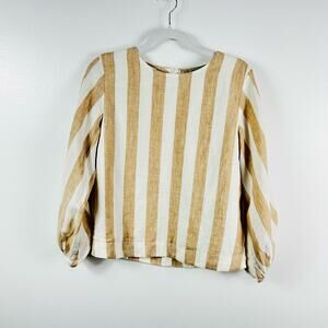 Everlane 100% Linen Tan White Bold Stripe Blouse Long Sleeved Size 00